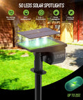 Super Bright 50 LED Solar Spotlight Outdoor Lights With 2in1 Design shown in sunny yard, highlighting solar panel and features.