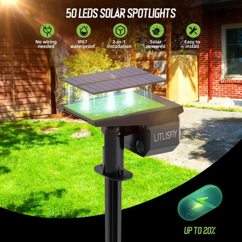 Super Bright 50 LED Solar Spotlight Outdoor Lights With 2in1 Design shown in sunny yard, highlighting solar panel and features.