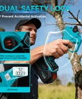 Four In One Pole Saw And Electric Pruning Shears For Tree Trimming With A Six Inch Mini Chainsaw Cordless Pruning Tool in use