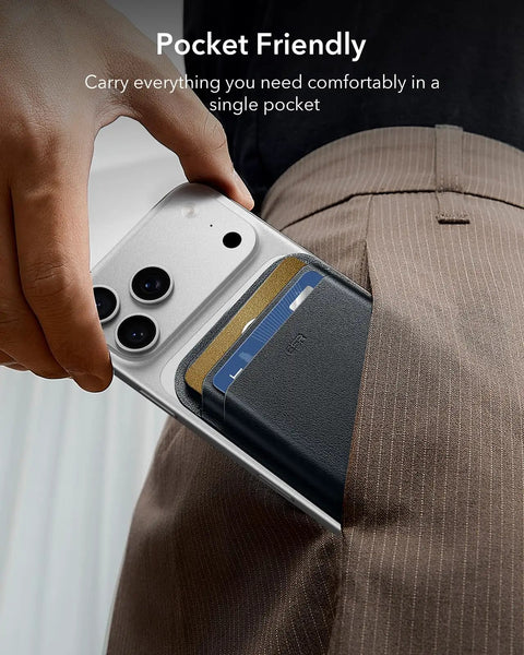 Slim MagSafe Card Wallet With RFID Blocking, holds up to 5 cards, pocketed in brown pants with iPhone attachment.