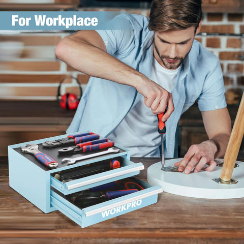 Man using Small But Mighty 12.5 Inch Metal Tool Box With Two Drawers, Open Top Storage, PVC Liners, Magnetic Tabs in workshop