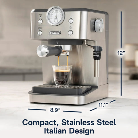 Espresso Machine With Milk Frother And 15 Bar Pump For Lattes Cappuccinos And Iced Coffee At Home Barista Quality Shots And Creamy Froth Every Time For You, compact stainless steel design on kitchen counter.