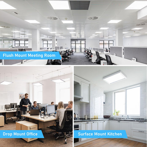 Four Pack 2x2 LED Flat Panel Lights With 3000K 4000K 5000K Color Temp, 40W 5000LM in office and kitchen settings