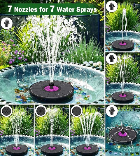 Powerful 3.5W Anti-Drift Solar Fountain For Bird Bath And Pond displaying water spray with 7 nozzles in a garden setting, black.