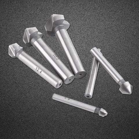 Amazon Baxnore 6‑pc HSS countersink bit set with round shanks and 3‑flute cutters for chamfering