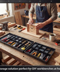 2 Pack Tool Box Organizer Tray Dividers Expandable Desk Drawer Organizer With 12 Plus 2 Compartments Fits 12 To 20.5 Inch Large Tool Chests Rolling Chest Cart Workbench Storage For Wrenches Screwdrivers Nuts And Bolts in use on a workbench filled with tools.
