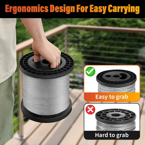 Person holding 500 feet spool of One Eighth Inch T316 Marine-Grade Stainless Steel Railing Wire Rope Cable, ergonomically designed handle.