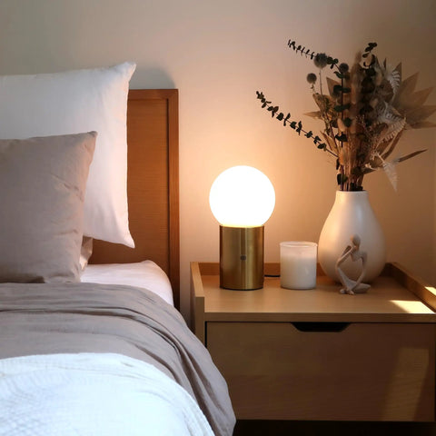 Kai LED Table Lamp With USB Port Tiny Bedside Reading Modern Desk Lamp Nightstand Light With Ambient Glow Vibe For Bedroom Living Room And Office Brass Finish Globe Shade