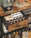 Rustic Brown Five Tier Bakers Rack With Storage And Pod Drawer Holder Dope Coffee Bar Station for mug and pod organization.