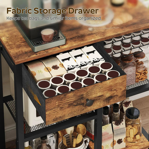 Rustic Brown Five Tier Bakers Rack With Storage And Pod Drawer Holder Dope Coffee Bar Station for mug and pod organization.