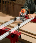 Person using Router Sled For Woodworking Up To 64 Inches With X And Y Axis Adjustable Rails Universal Fit For Most Routers on wood slab