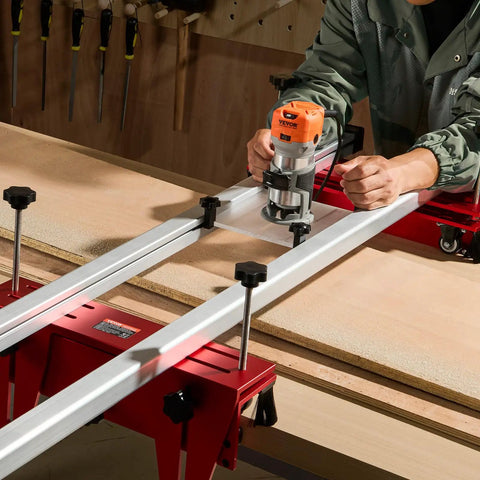 Person using Router Sled For Woodworking Up To 64 Inches With X And Y Axis Adjustable Rails Universal Fit For Most Routers on wood slab