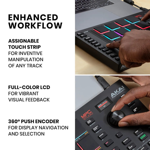 Dope Beat Making MIDI Controller With 16 Velocity Sensitive RGB Pads And Aftertouch, MPC Software Integration, LCD, knobs, hands-on view