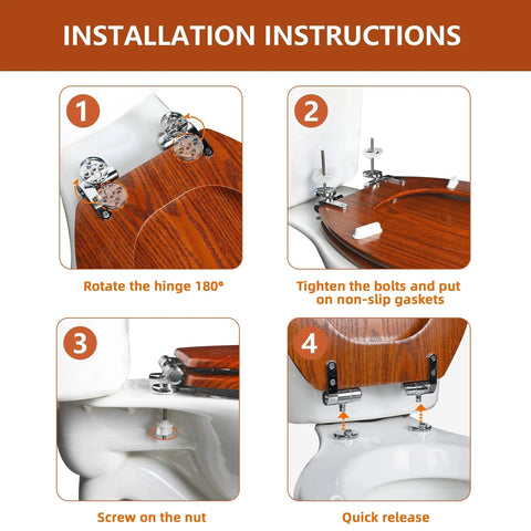 Installation guide for Round Toilet Seat Made From Molded Wood With Quietly Close Hinges And Quick Release No Fuss Easy To Install