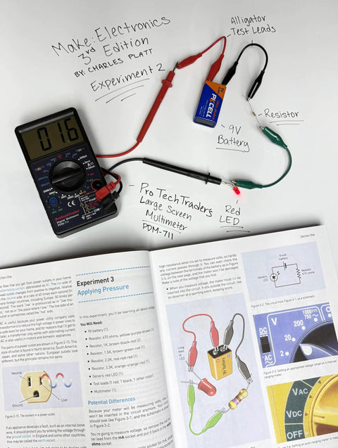 Hands-On Compact Electronics Kit Mini Pack for Charles Platt Third Edition Electronics Book Includes Resistors, Capacitors, LEDs, and Small Components to Complete Experiments 1 Through 5 ProTechTrader Quality with multimeter and circuit components on page.