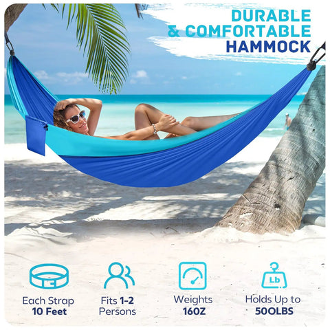 Ultralight Parachute Nylon Camping Hammock With Two Tree Straps Supports Up To 600 Lbs For Single Or Double Use Travel Swing Outdoor Gear For Beach Backpacking And Hiking Blue