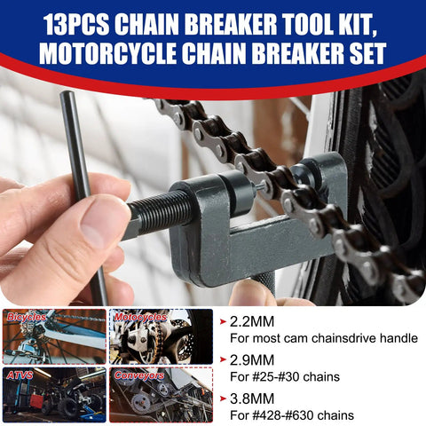 13 Piece Chain Breaker Tool Kit For Motorcycles, ATVs, And Bicycles, Heavy Duty Chain Cutter in action on a bicycle chain