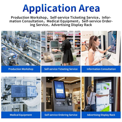 Application areas for a 15.6 Inch Android 11 Touchscreen All In One Display With RK3568 Quad Core Processor in various settings