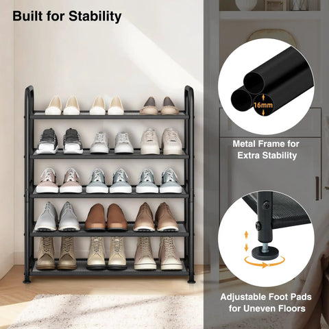 Beefy 5-Tier Metal Shoe Rack With Mesh Shelves for Entryway, Closet or Garage showcasing structure and adjustable feet.