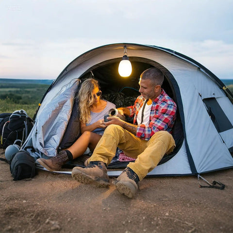 Couple camping with tent lantern using 40LB Magnetic Hooks With Carabiner 8-Pack Ultra Strong Camping Tent Hooks For Lanterns And Gear