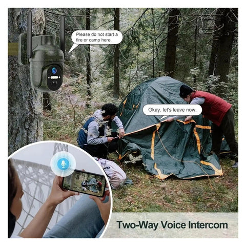 Make Your Yard The Safest Spot With This Badass Solar Security Cam Boasting 4G LTE And WiFi Dual Connectivity Plus A Beast Mode 10400 Mh Battery For True Off Grid Freedom And Remote App Oversight; two-way intercom in a forest with people at a tent.