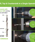 No Nonsense Combination Drill Tap And Countersink Bit For Up To 10 Gauge Metal in use with power drill for drilling and tapping.