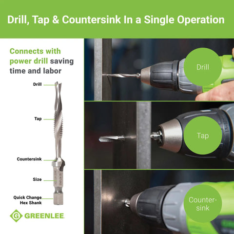 No Nonsense Combination Drill Tap And Countersink Bit For Up To 10 Gauge Metal in use with power drill for drilling and tapping.