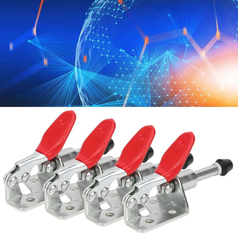 Four Beefy 45 Kg Toggle Clamps with Fixed Lock, red handles, for woodworking and welding, professional grade clamping tools.