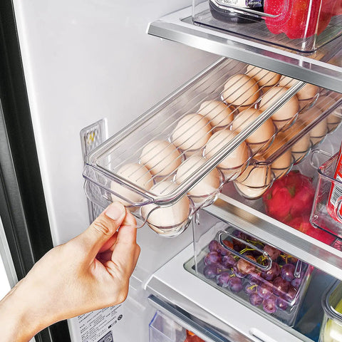 Hand sliding clear plastic egg storage organizer with lid, BPA free PET 14-egg holder for fridge, stackable storage box, keeps eggs safe from cracks