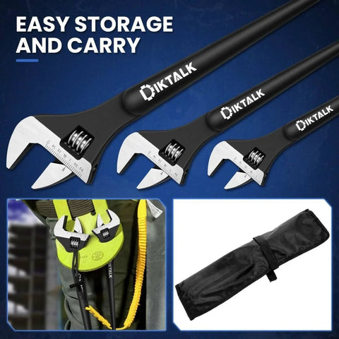 Three Piece Adjustable Spud Wrench Set, 10 Inch, 12 Inch And 16 Inch, Chrome Vanadium Steel with Black Oxide Finish, storage bag seen