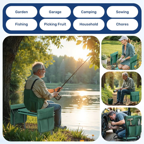 Foldable Garden Kneeler And Seat With Soft EVA Foam Pad Heavy Duty Steel Frame Portable Kneeling Bench For Gardening Camping And Fishing Includes Two Tool Pouches Green in various outdoor uses
