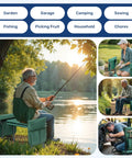 Heavy Duty Folding Kneeler Chair For Garden Work with a person fishing by a lake, shown with tool bags and thick kneeling pad.