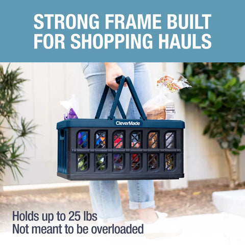 Person carrying a loaded Collapsible Shopping Baskets With Handles, 24L Three Pack, Fold Flat Plastic Storage Bins For Car And Home.
