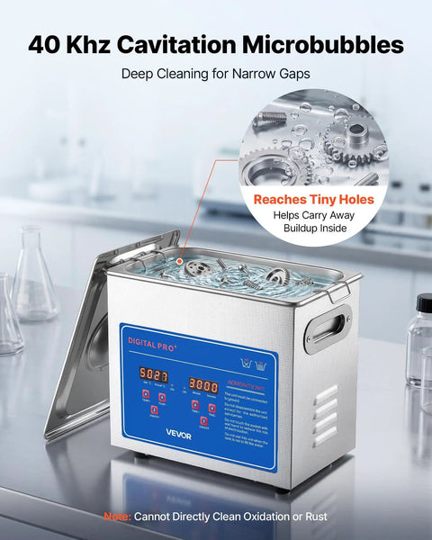 Heavy Duty Ultrasonic Cleaner With A Spacious Three Liter Tank And Zippy 40kHz Output showing digital controls and stainless steel body.