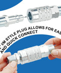 Hands connecting Beefy High Flow Half Inch Air Hose Fittings Set With Four Male IM Industrial NPT Plugs And One Female Air Plug
