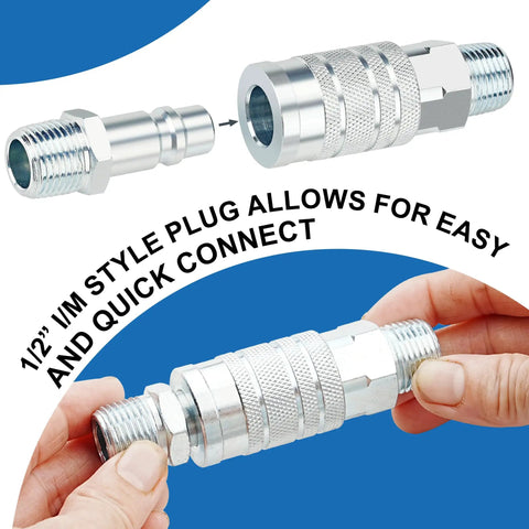 Hands connecting Beefy High Flow Half Inch Air Hose Fittings Set With Four Male IM Industrial NPT Plugs And One Female Air Plug