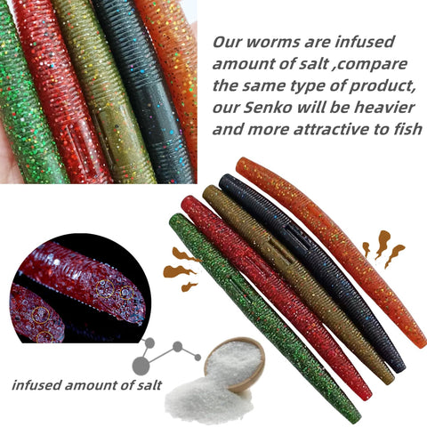 Senko Wacky Worm Soft Plastic Lures Kit, 30 Pcs in 5 Colors Mixed, Two Sizes 5.5 Inch 0.35 Oz and 4 Inch 0.2 Oz, Bassin Friendly Freshwater Saltwater Baits For Texas Rigs Dropshot and Carolina Rig