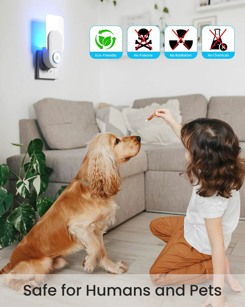 Child and dog in living room with plugged in Two Pack Plug In Flying Insect Trap Kit With Ten Refills Purple UV Light Bug Zapper