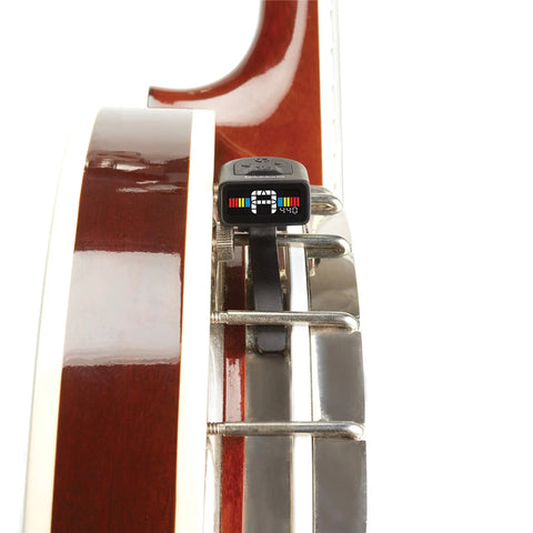 Micro Banjo Tuner with multi color display mounted on banjo hoop bracket for fast tuning with piezo sensor, 435-455 Hz calibration.