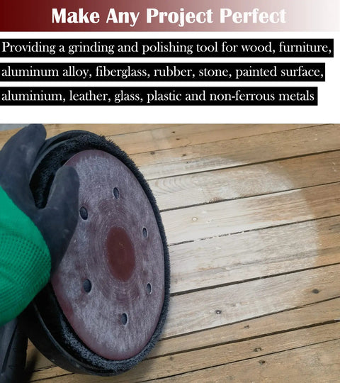 Nine Inch Drywall Sanding Discs Set in use on a wooden surface, highlighting 6-hole design and hook-and-loop backing.