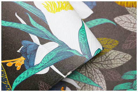 Close-up of Vintage Floral Peel And Stick Wallpaper For Bedroom Easy Peel And Stick No Mess Removable Accent Wall in black, bronze, navy, and white.
