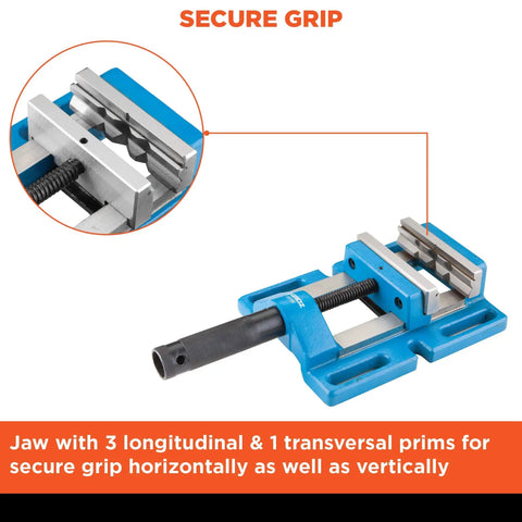5 Inch Unigrip Drill Press Vise With 4-3/8 Inch Jaw Opening Built Tough For Daily Shop Use Cast Iron Body With Precision Ground Base And Bed highlighting secure grip mechanism