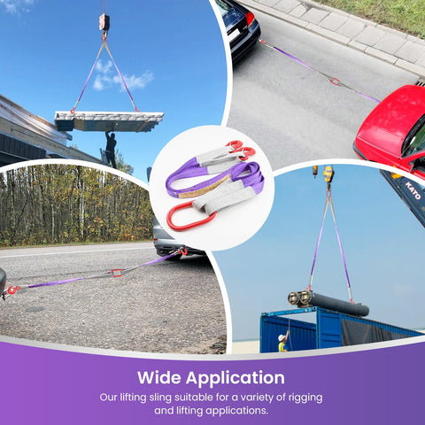 Purple two-leg lifting slings with red hooks; heavy-duty polyester bridle straps for engines, cranes, and trucks.