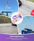 Beefy Heavy Duty Lifting Slings With Hooks Two Leg Rigging Strap Three Point Three Feet Per Leg 4409 Pounds Capacity Polyester Bridle Sling for engines, cranes, hoists, trucks in purple, shown in various lifting applications.