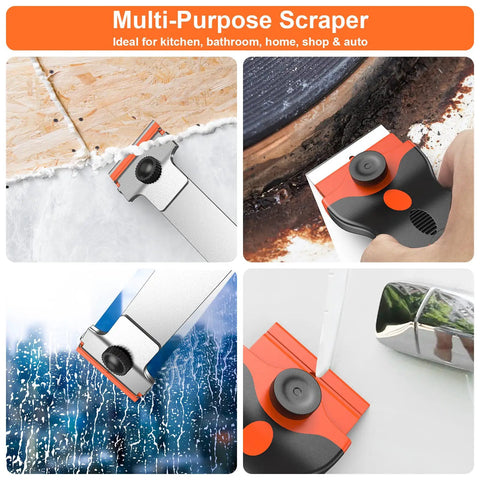 2-In-1 Razor Scraper Set With 30 Blades shown removing grease, adhesive, and residue on various surfaces, featuring long and mini handles.
