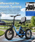 All Day Electric Trike For Adults With 70 Mile Range, 48V 15.6Ah Battery, 1200W Peak Brushless Motor, 18 MPH Top Speed, Smooth Ride For Commutes And Easy Errands, blue trike with rear differential