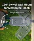 Battery Powered Wall Mounted Retractable Hose Reel With Automatic Retraction showing 180-degree swivel wall mount