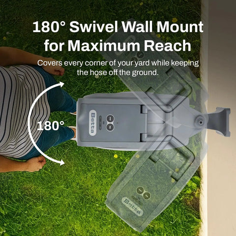Battery Powered Wall Mounted Retractable Hose Reel With Automatic Retraction showing 180-degree swivel wall mount