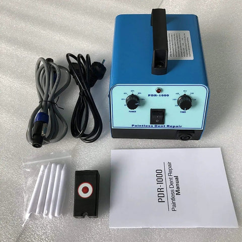 Car Dent Puller Kit for Paintless Dent Repair and Auto Body Dents, Induction Heater Tool for Hotbox Repairs, shown with manual and accessories