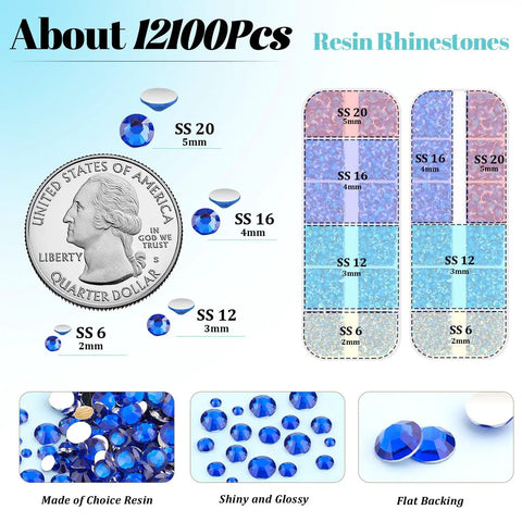 Royal Blue Resin Rhinestones Kit With 12100 Pcs Flatback Crystals And 3 Tubes Of 10ml B7000 Jewelry Glue, sizes 2mm to 5mm displayed